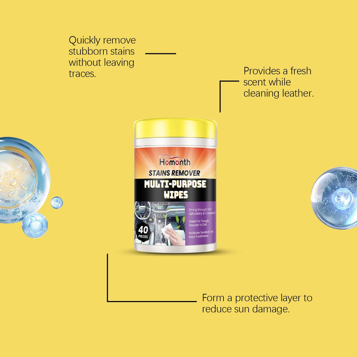 HOMONTH Car Interior Cleaning Wipes – Quick Stain Removal & Portable Maintenance Wipes