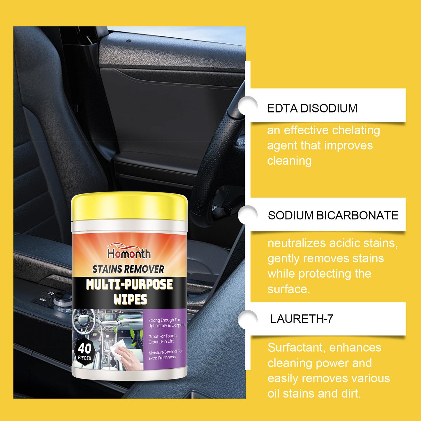 HOMONTH Car Interior Cleaning Wipes – Quick Stain Removal & Portable Maintenance Wipes